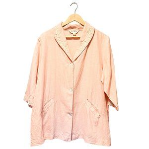 April Cornell Pretty Pink Grandmacore Cotton Linen Duster Jacket w Lace Trim EUC